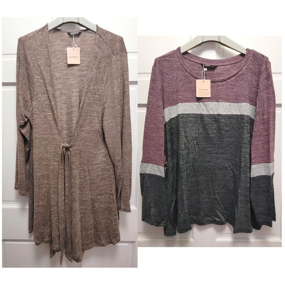LOT: Bloomchic Brown Cardigan & Gray/Purple Stripe Sweater - Size 3X‎ (22-24)